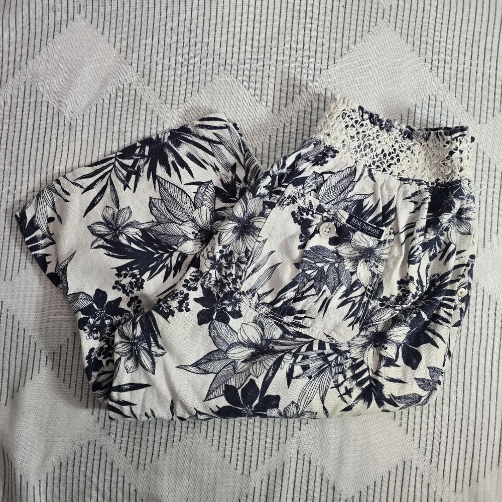 Linen Capri Short Pants White Blue Tropical Print Stretch Waist by Beau Dawson M - Picture 7 of 7